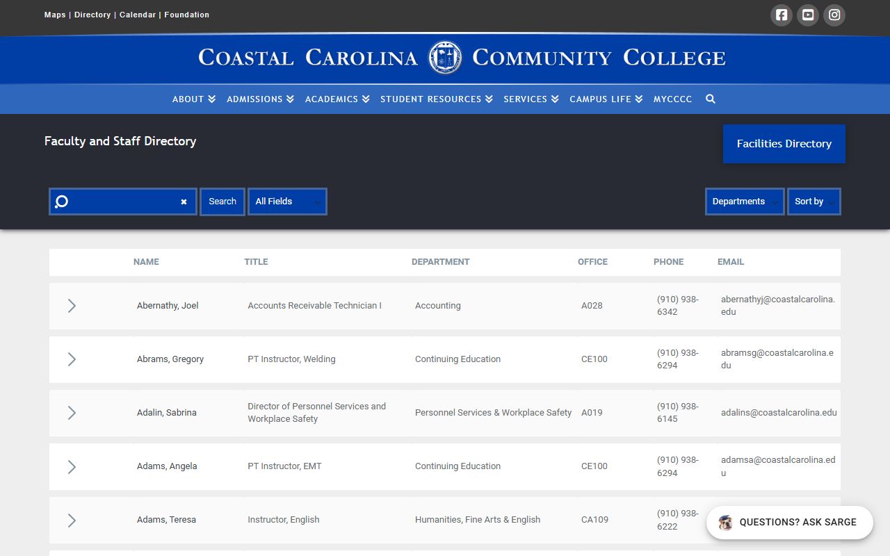 Jacksonville phone directory Coastal Carolina Community College directory
